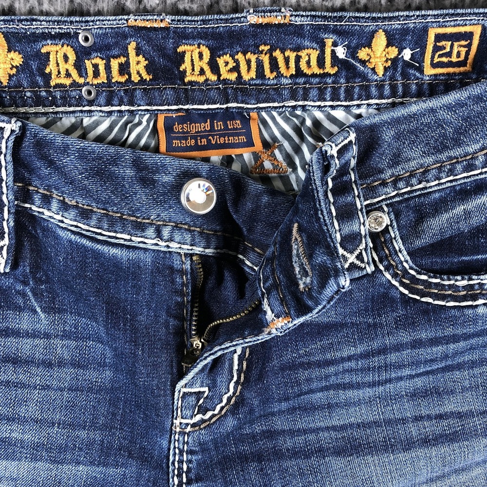 Rock Revival Easy Straight Jeans Womens 26 Blue Med Wash Stretch Rhinestone - Picture 8 of 16